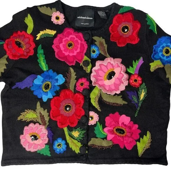 MICHAEL SIMON Embroidered‎ Floral Sweater Cardigan Size Medium